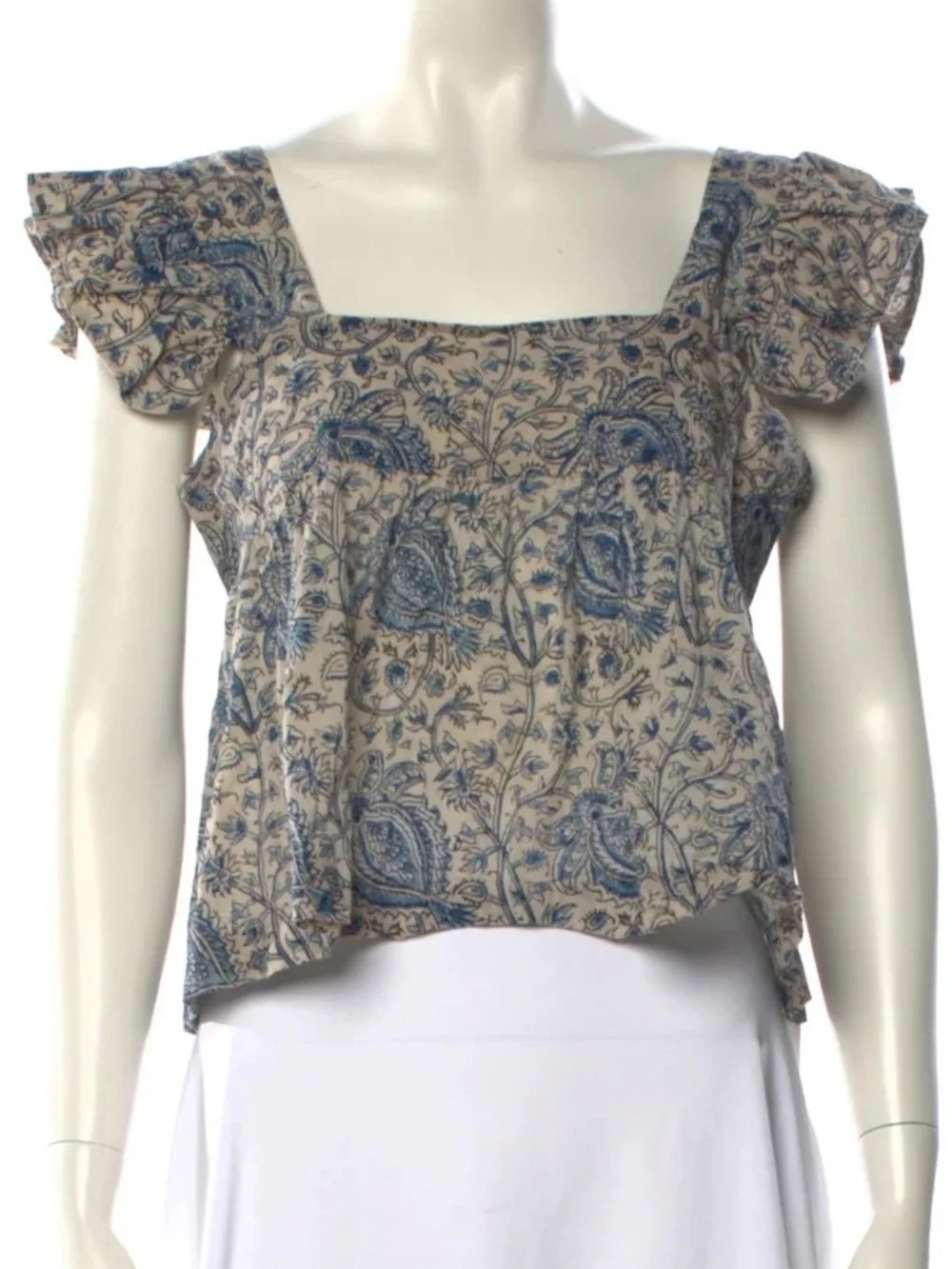 MATTA $175 • 18” PTP • Blue Floral Boho Square Neckline Ruffle Sleeve Top - Picture 2 of 10